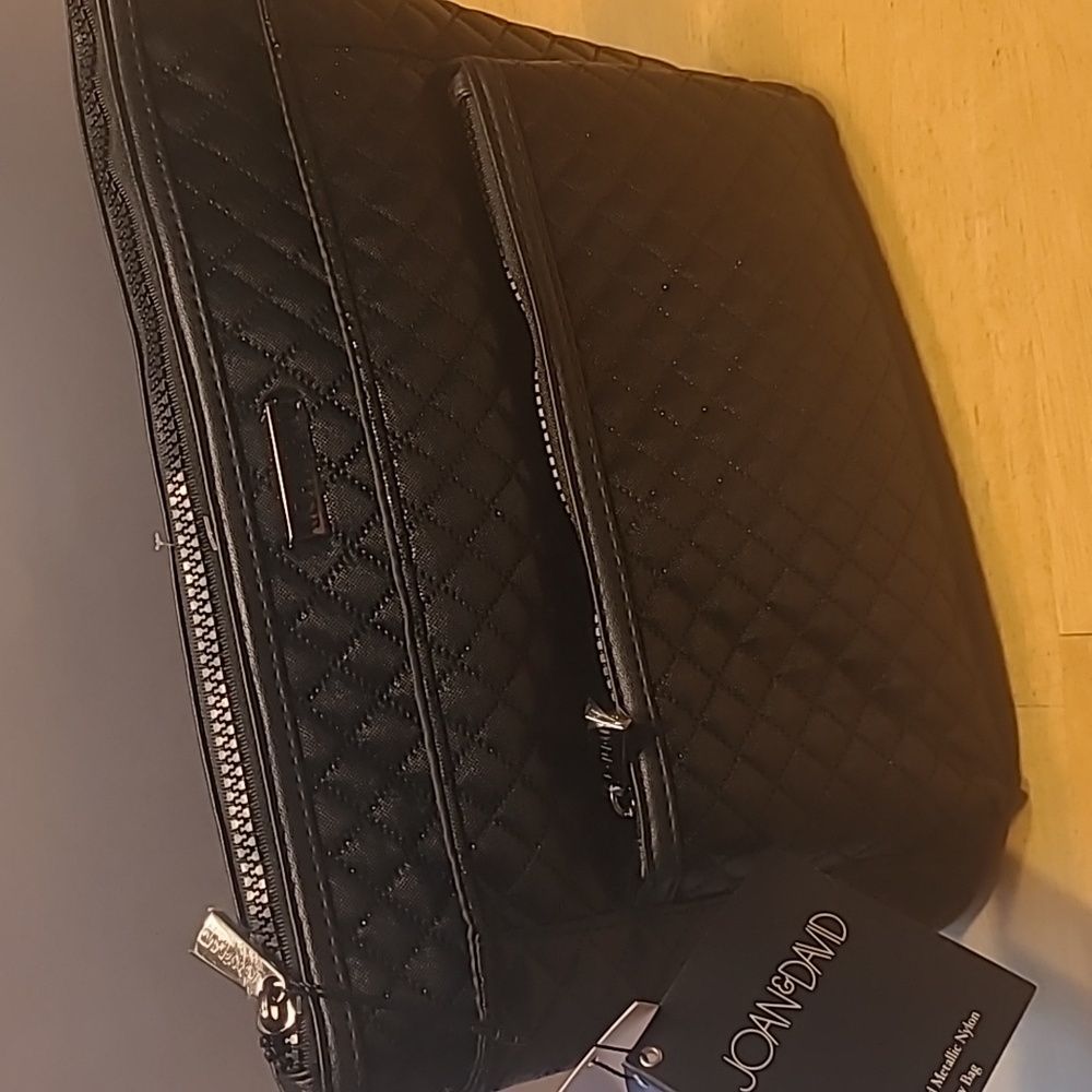 NWT Joan & David Black Quilted Cosmetic Bag With Two Plastic Toiletry Bottles
